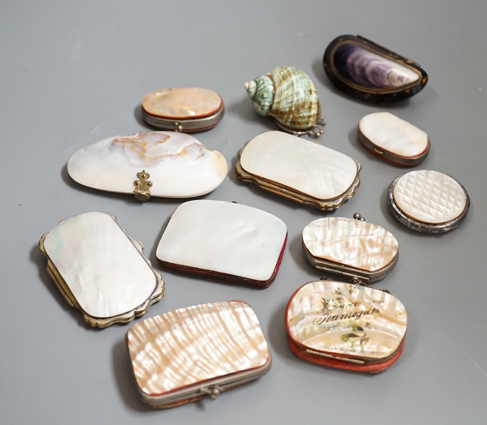 Twelve 19th century mother of pearl purses and containers